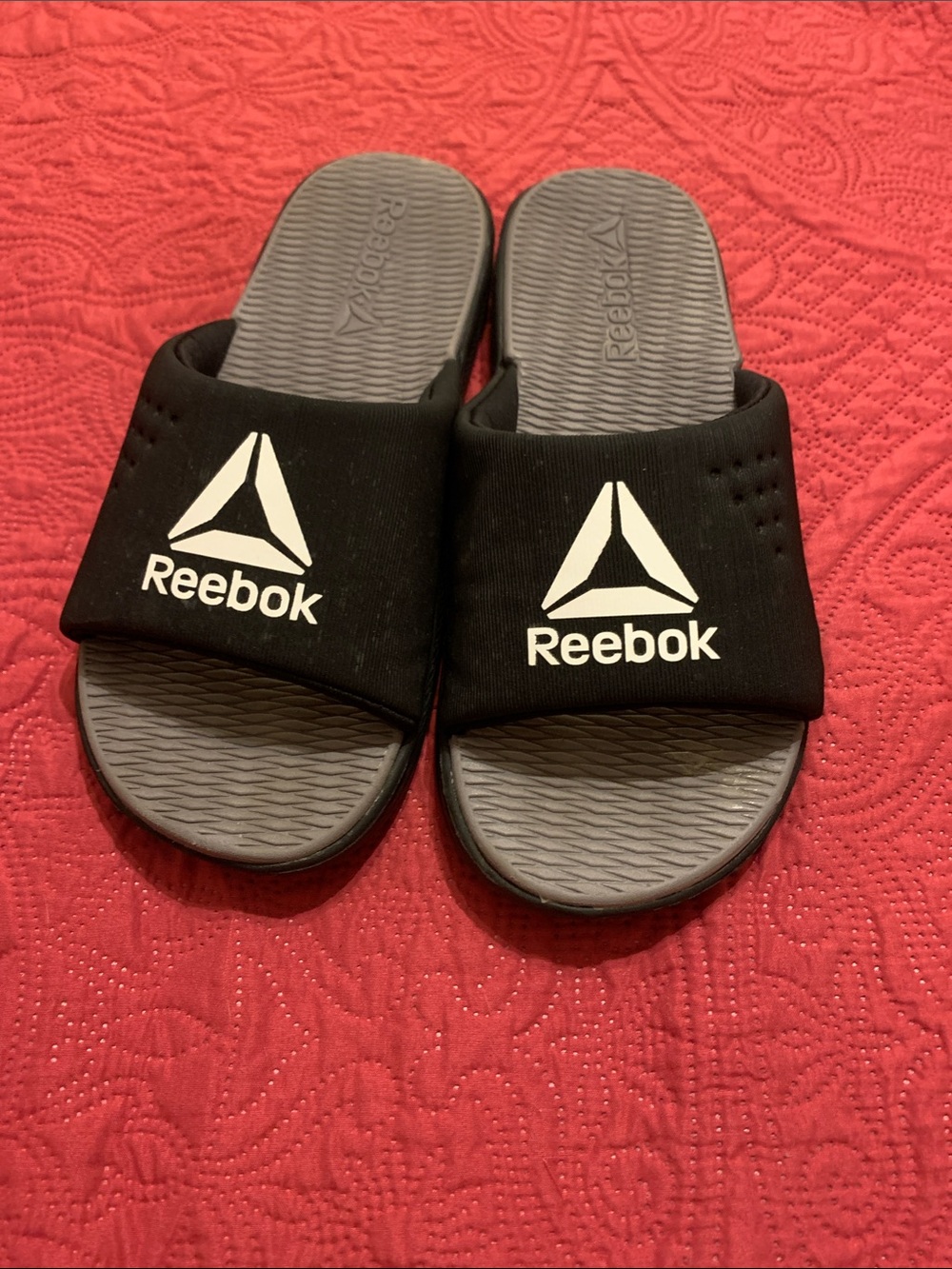 Reebok men’s Black Slide Sandals with Gray Footbed
